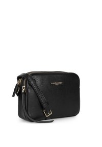 Borsa a tracolla nera in pelle con hardware dorato, due scomparti con zip e tracolla staccabile. Finitura testurizzata con logo del brand.