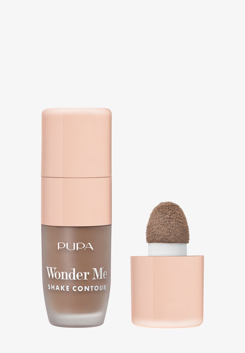 PUPA Wonder Me Shake Contour zeigt eine hohe Glasflasche mit einem matten pinkfarbenen Deckel und einem Schwammapplikator in einem passenden pinkfarbenen Halter.