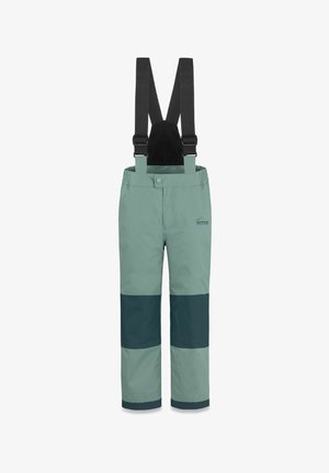 Hellgrüne wasserdichte Hose mit schwarzen verstellbaren Hosenträgern. Verfügt über horizontale dunkelgrüne Streifen an den unteren Beinen. Elastischer Bund.