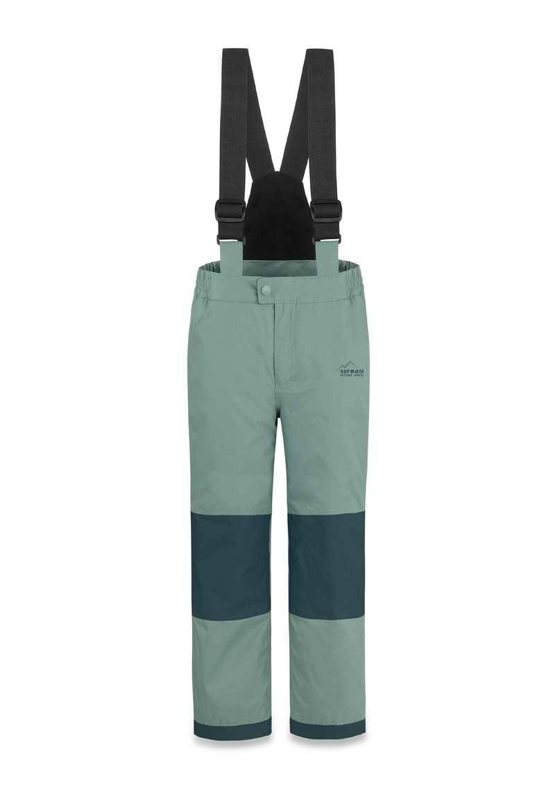 Hellgrüne wasserdichte Hose mit schwarzen verstellbaren Hosenträgern. Verfügt über horizontale dunkelgrüne Streifen an den unteren Beinen. Elastischer Bund.