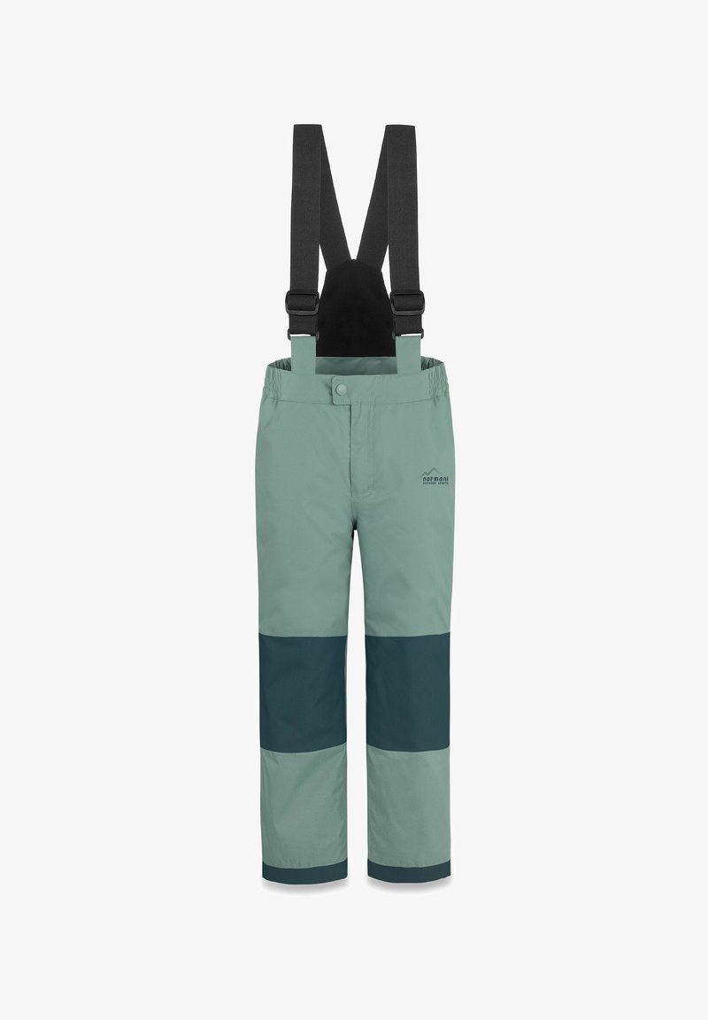 Hellgrüne wasserdichte Hose mit schwarzen verstellbaren Hosenträgern. Verfügt über horizontale dunkelgrüne Streifen an den unteren Beinen. Elastischer Bund.