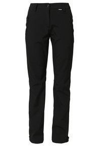 Pantalones softshell negros, resistentes al agua, con un ajuste slim, que cuentan con una cintura ajustable, bolsillos laterales con cremallera y una textura suave y mate.