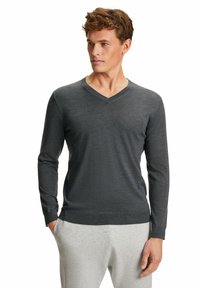 Grauer langärmeliger Pullover mit V-Ausschnitt, aus einem weichen Material gefertigt. Hat eine taillierte Form und gerippte Bündchen. Getragen mit grauen Hosen.