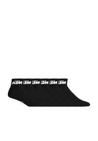 Set de chaussettes noires jusqu'à la cheville avec un bandeau blanc logo en haut et un tissu lisse et extensible. Comprend plusieurs paires dans le paquet.