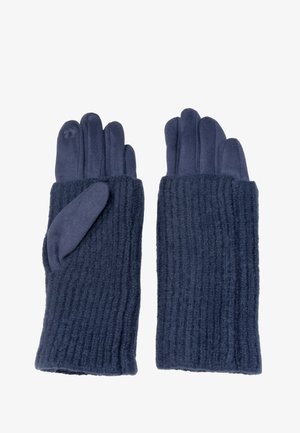 Gants tricotés navy avec texture côtelée, matériau doux et design à cinq doigts avec un accent supplémentaire au niveau du pouce.