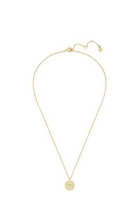 Zelta kaklarota ar delikātu ķēdi, kurai ir apaļš piekariņš ar saulrieta dizainu un nelielu sirds akcentu centrā.