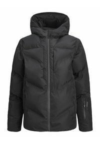 Schwarze Pufferjacke mit durchgehendem Reißverschluss, hohem Kragen und angenommener Kapuze. Verfügt über gepolsterte Bereiche und eine Reißverschlusstasche am linken Ärmel.