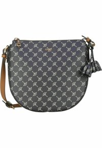 Borsa a tracolla in pelle blu scuro con motivo geometrico bianco, logo dorato e tracolla regolabile marrone. Presenta fisarmoniche decorative.