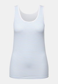 Top bianco senza maniche con strisce orizzontali azzurro chiaro, realizzato in un materiale morbido e elasticizzato con scollatura rotonda.