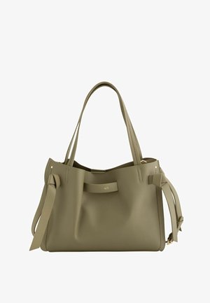 Olivgrüne strukturierte Lederhandtasche mit doppelten Griffen, seitlichen Riemen und einem kleinen Metalllogo in der Mitte vorne.