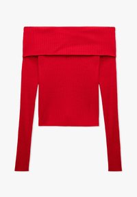 Czerwona, prążkowana bluzka z długim rękawem, odsłaniająca ramiona. Oferuje szeroki dekolt oraz dopasowany fason, wykonana z strukturalnego dzianinowego materiału.