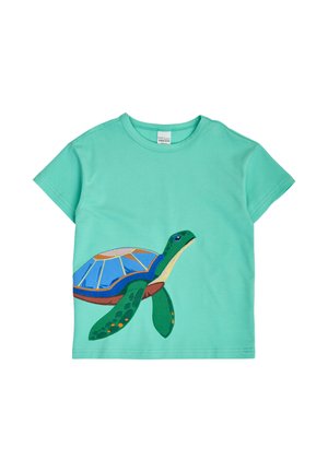 Hell-türkisfarbenes kurzärmeliges Kleinkind-T-Shirt mit einer bunten bestickten Meeresschildkröte auf der Vorderseite.