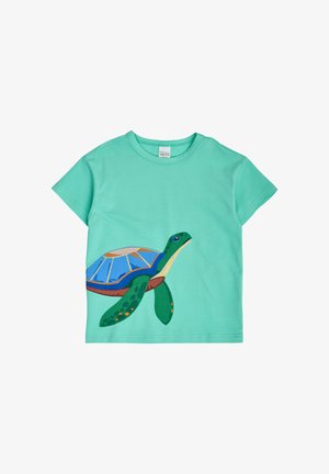 Hell-türkisfarbenes kurzärmeliges Kleinkind-T-Shirt mit einer bunten bestickten Meeresschildkröte auf der Vorderseite.