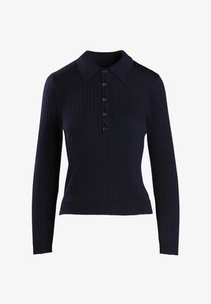 Marineblauwe, geribbelde trui met lange mouwen, een omgeslagen kraag en een vijfknopenlijst. Afgewerkt met een strakke geribbelde zoom op de taille.