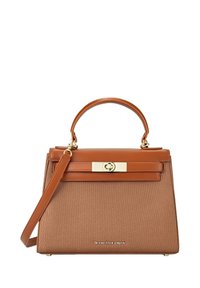 Sac à main en cuir marron avec un design structuré, une bandoulière détachable et des éléments en métal doré. Il est doté d'un rabat avant avec une fermeture à clasp.