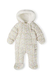 Gepolsterter Baby-Overall in Weiß mit pastellfarbenem Blumenmuster. Verfügt über eine weiche weiße Kapuze und ein strukturiertes Steppmuster. Offenes Fußdesign.