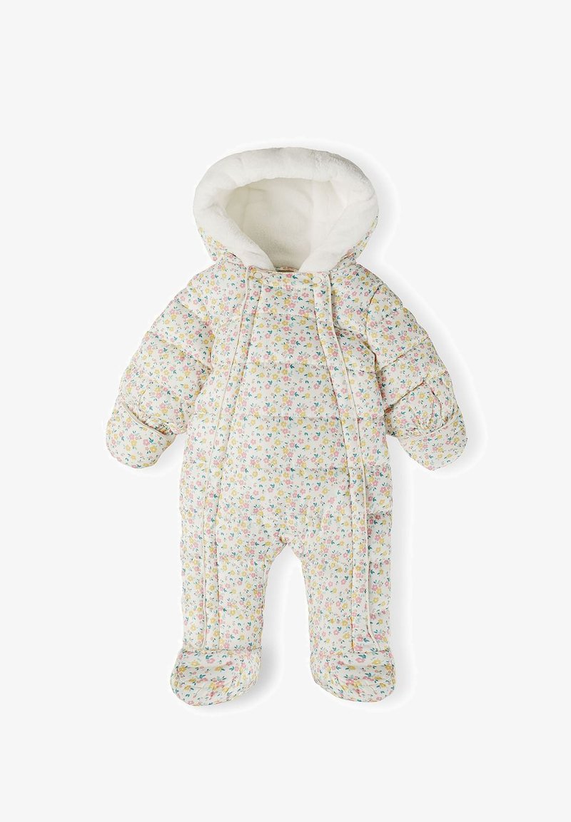 Gepolsterter Baby-Overall in Weiß mit pastellfarbenem Blumenmuster. Verfügt über eine weiche weiße Kapuze und ein strukturiertes Steppmuster. Offenes Fußdesign.