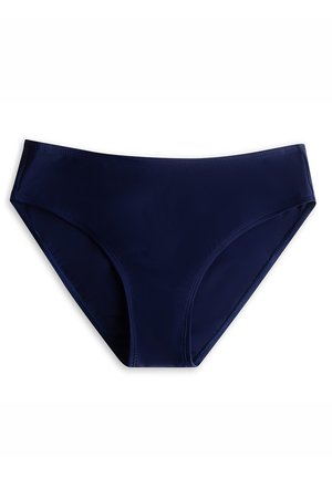 Dół damskiego bikini w kolorze granatowym z wycięciem o średnim stanie i prostym wzorem, ułożony płasko na białym tle.