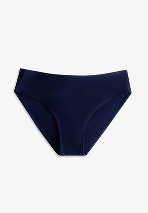 Dół damskiego bikini w kolorze granatowym z wycięciem o średnim stanie i prostym wzorem, ułożony płasko na białym tle.