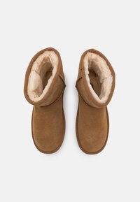 Paire de bottes d'hiver en daim marron avec doublure en fourrure beige, vue de dessus sur un fond blanc.