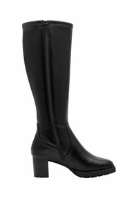 Bottes en cuir noir arrivant au genou, avec une fermeture éclair latérale, un talon empilé, une texture lisse et un design à bout arrondi. Conviennent à diverses tenues.