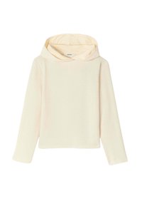 Haut à capuche long beige clair en tissu texturé, avec un design côtelé, une coupe décontractée et une grande capuche avec une doublure douce.