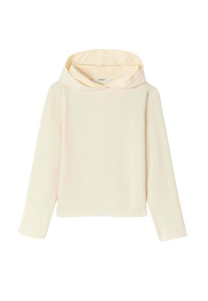 Haut à capuche long beige clair en tissu texturé, avec un design côtelé, une coupe décontractée et une grande capuche avec une doublure douce.