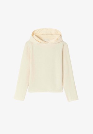 Haut à capuche long beige clair en tissu texturé, avec un design côtelé, une coupe décontractée et une grande capuche avec une doublure douce.