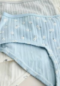 Gaismas zili riboti apakšveļu ar baltu ziedu rakstu, kopā ar pelēku svītrainu pāri. Mīksta tekstūra un elastīga jostasvieta.