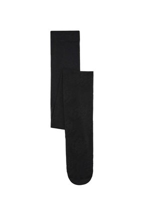 Collants opaques noirs à texture lisse, pliés à plat, montrant la longueur totale de la taille aux orteils.