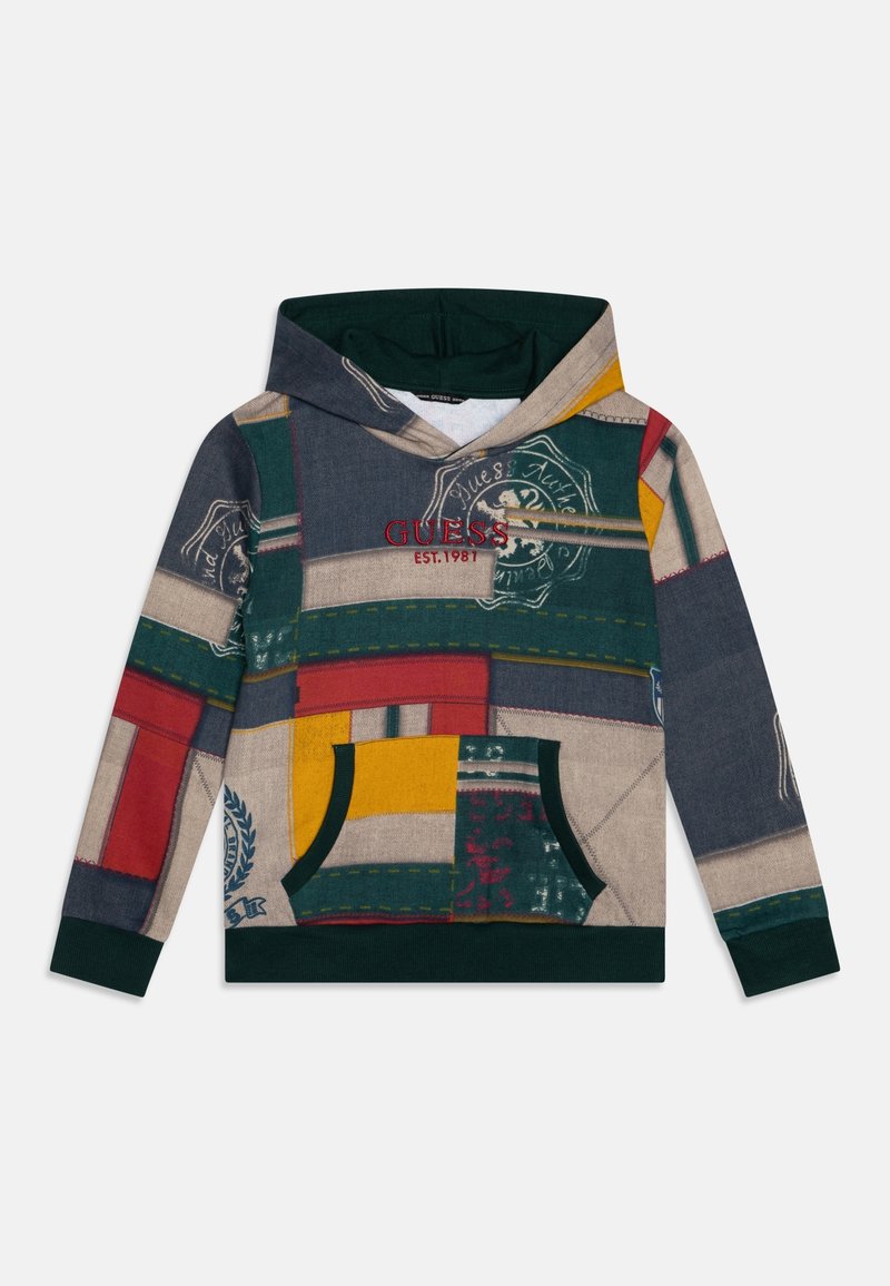 Felpa con cappuccio caratterizzata da un design a patchwork con vari colori tra cui verde, rosso, giallo e beige, e tasca a marsupio frontale.