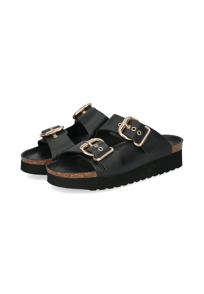 Zwarte platform sandalen met dubbele verstelbare banden met gouden gesp, kurken voetbed en gestructureerde zwarte rubberen zool.
