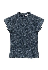 Blusa blu navy con maniche a campana arricciate, tessuto texturizzato e chiusura a occhio di bue sul retro. Presenta un corpetto aderente e un orlo svasato.