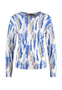 Strickpullover mit langen Ärmeln in blau, beige und einem abstrakten Muster in weiß. Verfügt über einen runden Ausschnitt und ein strukturiertes Gewebe.