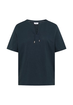 Camiseta de manga corta azul oscuro con escote redondo, apertura frontal en forma de ojo de cerradura y detalle de cordón ajustable.