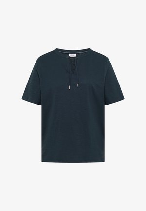 Donkerblauw T-shirt met korte mouwen, ronde halslijn, vooraan een keyhole-uitgesneden detail en een trekkoordsluiting.