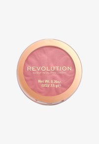 Compatto rotondo di blush con un involucro di plastica trasparente. Presenta una polvere rosa chiaro all'interno e un bordo dorato, etichettato con nome del marchio e peso.
