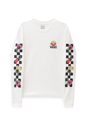 Weißes Vans-Langarmshirt mit schwarzem Schachbrettmuster und bunten Blumenmustern an beiden Ärmeln sowie einem kleinen floralen Vans-Logo auf der Brust.