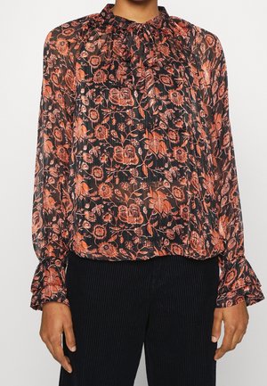 Schwarze Bluse mit orangefarbenem Blumenmuster, gerafftem Halsauschnitt, langen Ärmeln mit Rüschensaum und leichtem, durchscheinendem Stoff.
