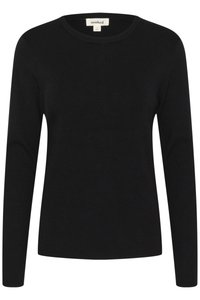 Pulover negru cu mânecă lungă, confecționat dintr-un material tricotat, având guler rotund și o textură uniformă, fără modele sau accente vizibile.