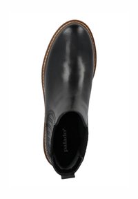 Stivale alla caviglia in pelle nera con finitura liscia, punta arrotondata, pannelli laterali elasticizzati e dettagli di cucitura marrone. Etichettato 'Palado' all'interno.