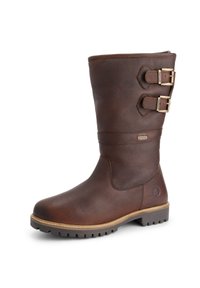 Bruine leren laars tot halverwege het kalf met twee verstelbare metalen gespen, een gestructureerde bovenkant en een robuuste zool.