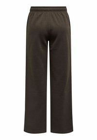 Mørkebrune, brede sweatpants lavet af bomuld med elastisk talje. Har en glat tekstur og ingen synlige logoer eller mønstre.