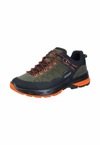 Green and black athletic shoe featuring an orange sole and accents, textured upper, and patterned laces with integrated eyelets.