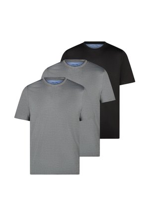 Tre ensfarvede t-shirts med rund hals, to i grå nuancer og en sort, arrangeret i overlappende rækker på en hvid baggrund.