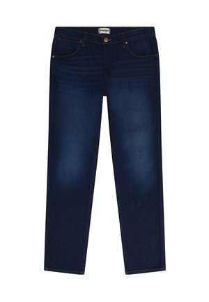 Jeans de mezclilla azul oscuro con un diseño de pierna recta, que cuentan con bolsillos frontales, una cintura con trabillas y un sutil desgaste en los muslos.