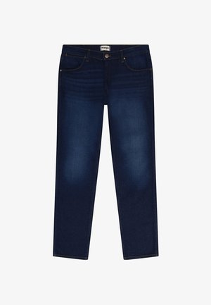 Dunkelblaue Denim-Jeans mit geradem Bein, ausgestattet mit Fronttaschen, einem Gürtelloopsbund und dezentem Verblassen an den Oberschenkeln.