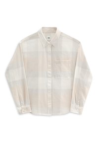 Camicia button-up in leggero motivo a quadri beige, maniche lunghe, tessuto morbido, taschino sul petto, orlo arrotondato e design colletto classico.