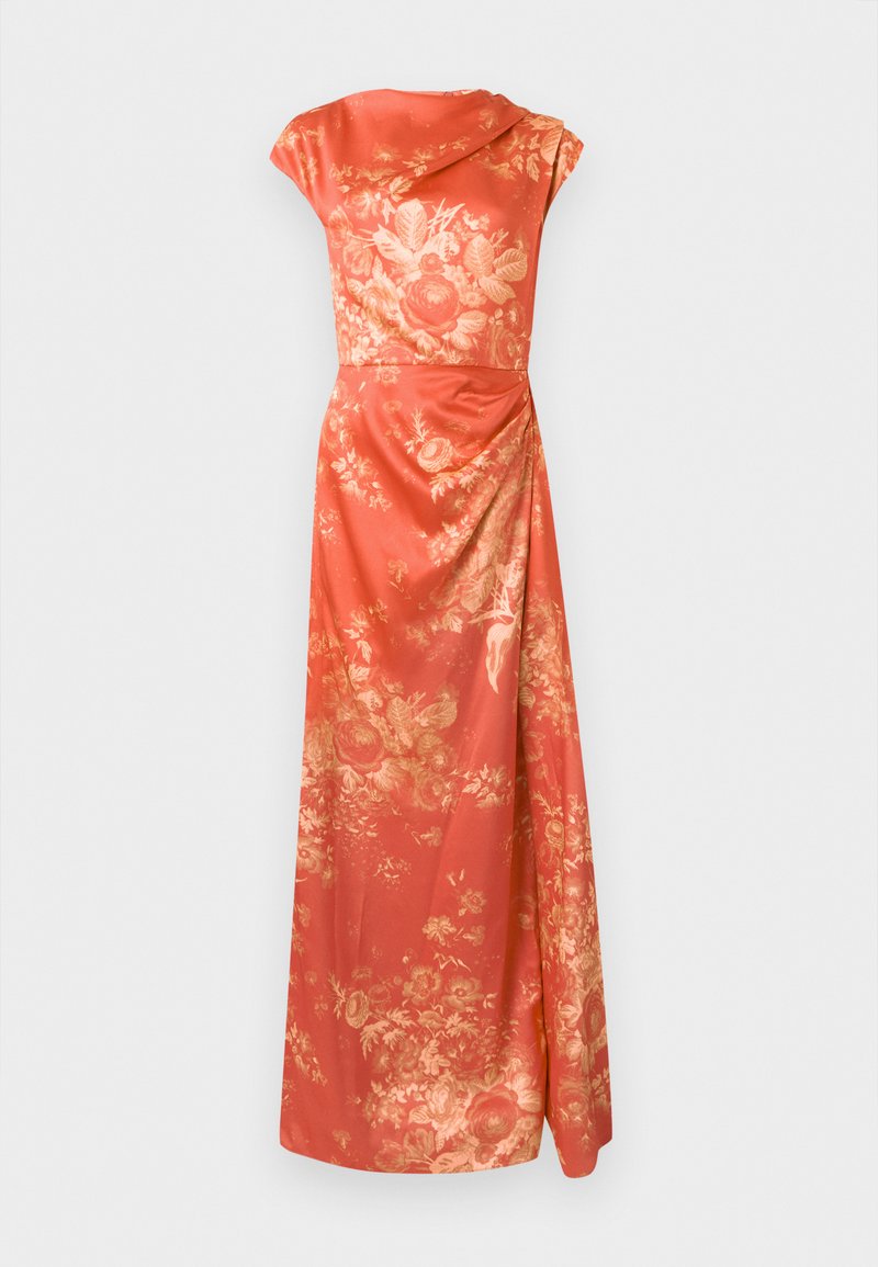 Coral satin sleeveless gown with beige floral print, high neckline, fitted waist, and draped detailing on the long skirt.