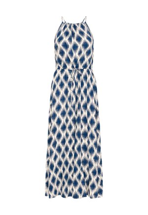 Ujjatlan hosszú ruha kék-fehér rombuszmintával, pántos nyakkivágással és derékban megkötős övvel.